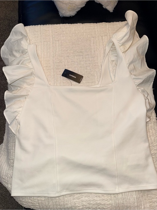 Express Tops - Express White Square-Neck Tank with Ruffle Sleeves